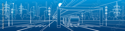 Development modern city. Empty street of night town. Illuminated highway. Transport infrastructure. Technical bridge over road. Factory thermal power plant. White lines on blue background. Vector art