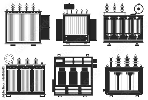 Transformer electric vector installation on white background . Isolated black set icon energy substation. Vector black set icon of electric transformer.