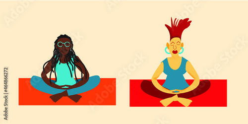 Older lesbian couple meditating together 