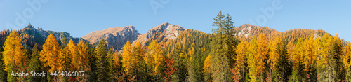 Panoramic view of magical nature in Dolomites at the national park Three Peaks  Tre Cime  Drei Zinnen  during sunset and golden Autumn  South Tyrol  Italy.
