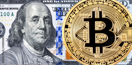 Golden coin bitcoin and Benjamin Franklin portrait from one hundred american dollars