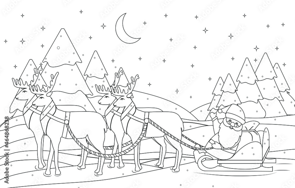 Santa Claus is riding in a reindeer sleigh with a bag of gifts. Fabulous coloring book for greetings, invitations, creativity, covers. Vector illustration.