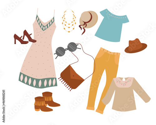 Set of boho clothes. Vector illustration in flat cartoon style. Boho outfits vector concept.