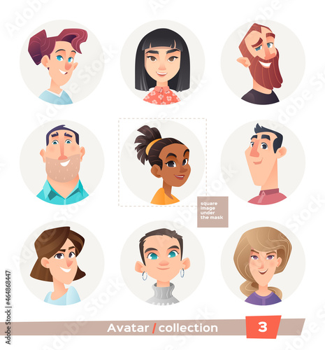 Collection of avatars, people. A set of user faces for a web forum or account. Icons of men and women.