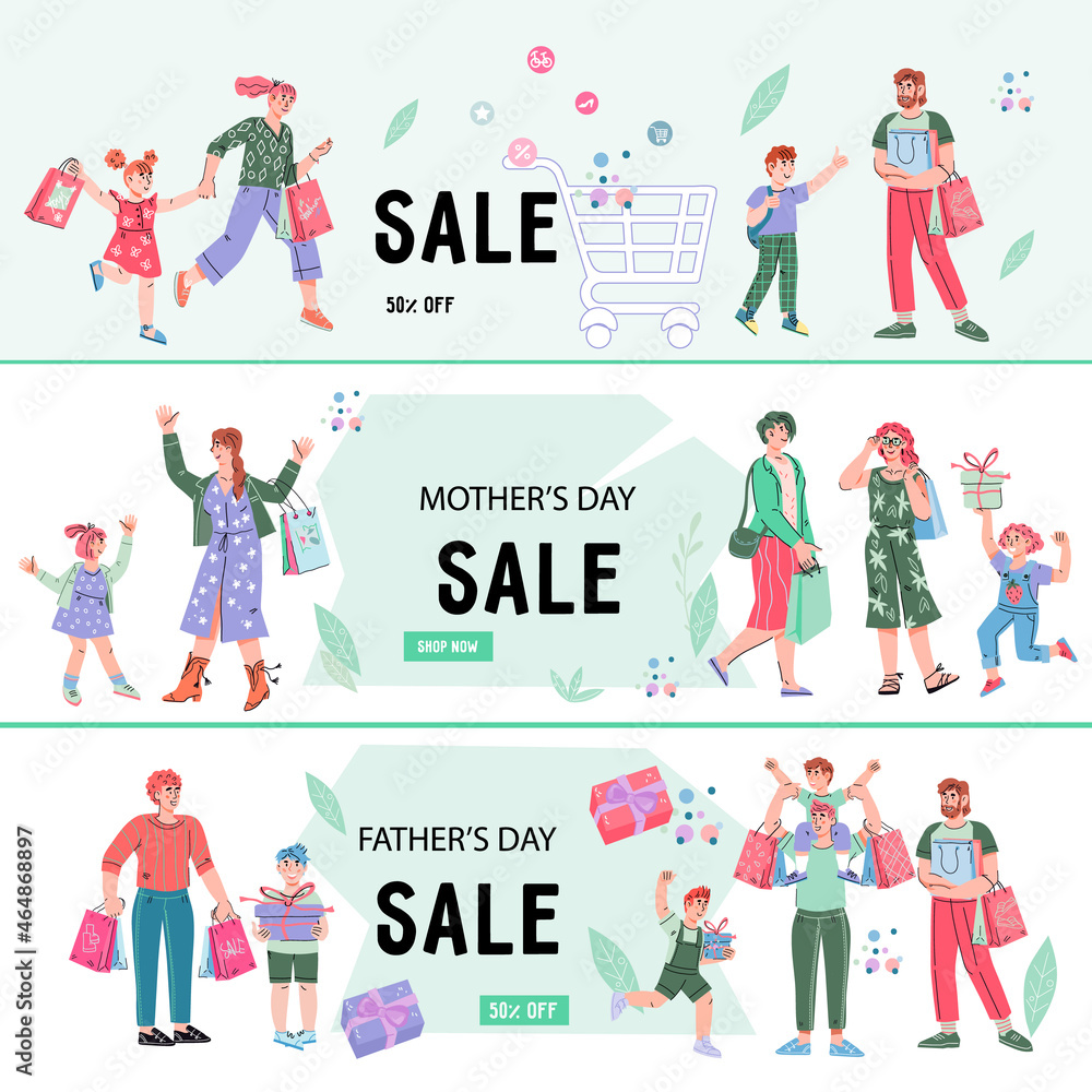 Fototapeta premium Set of banners and flyers for store sale events with people. Special Discount offers promotional banners for Family Shopping, Father and Mother Day sales.