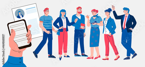 Hiring, human resources or recruitment online concept. Online staff recruitment for webpage, presentation page and social media, flat vector illustration isolated on white background.