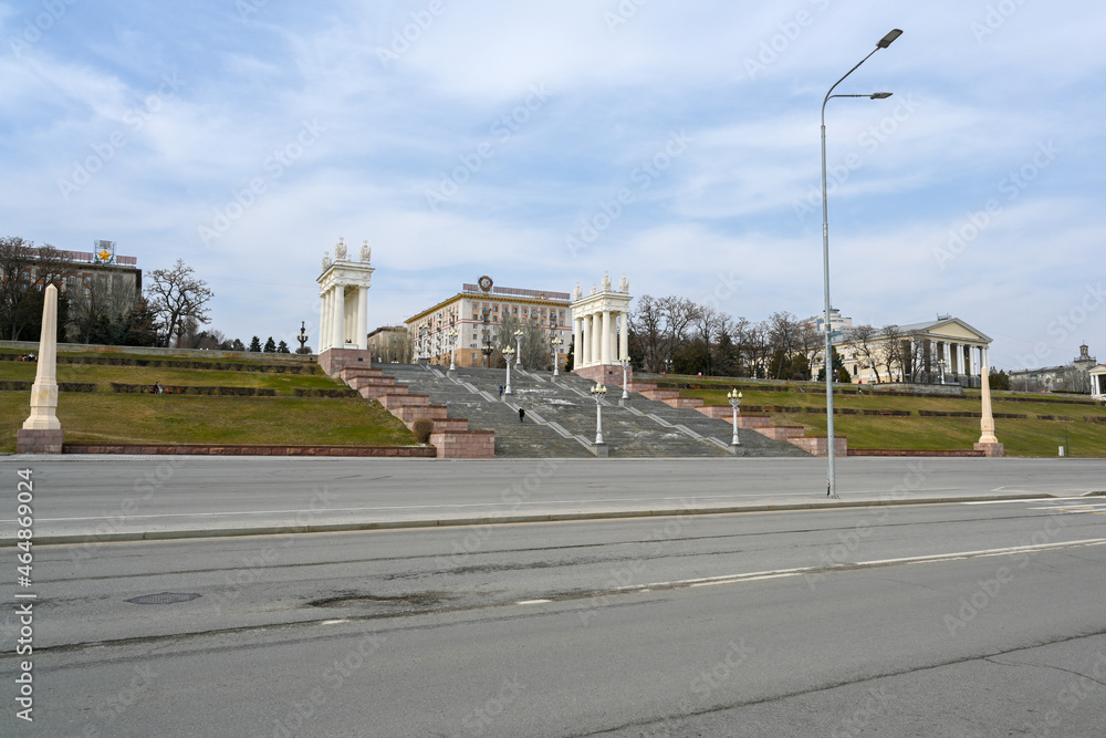 Colonnade on the stairs on the Central Embankment in Volgograd. Colonnade on the stairs on the Central Embankment in Volgograd.