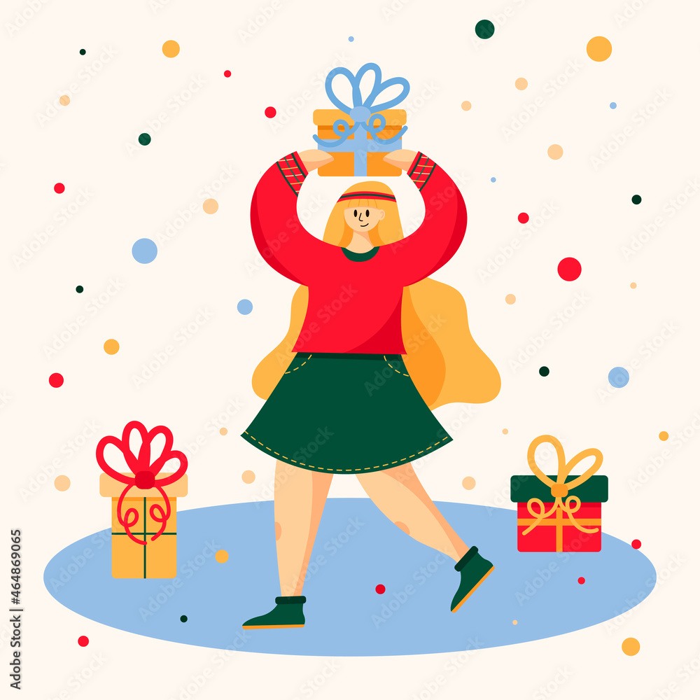 Cute cheerful girl with gifts in her hands, festive mood, gifts and snowflakes. Christmas vector illustration in a flat style for postcards, banners, fabrics, decor.