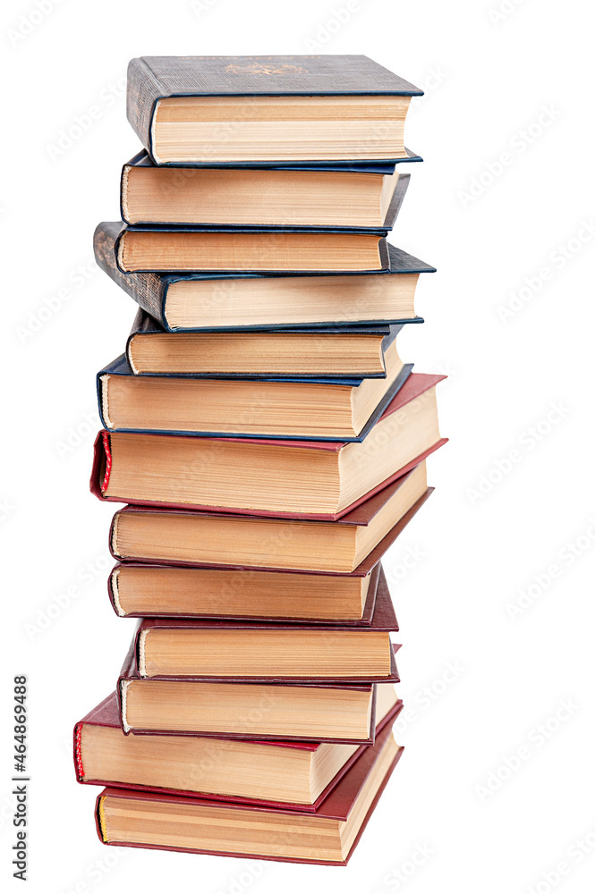 Composition with old hardback books isolated on white background. Vertical photo. Back to school. Composition with old hardback books isolated on white background. Vertical photo. Back to school.