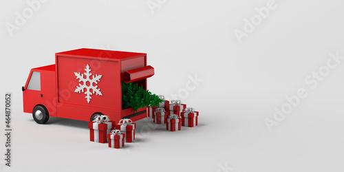 Concept of home delivery of christmas gifts with van. Copy space. 3D illustration.
