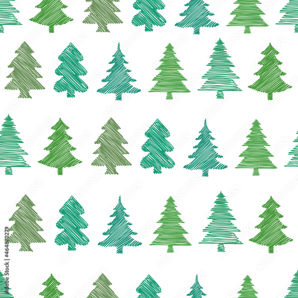 Obraz premium Christmas tree seamless pattern. Hand drawn illustration. Green lines. 
