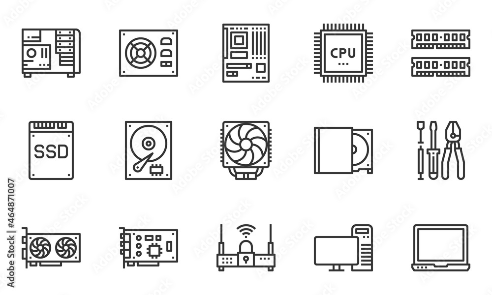 Computer Hardware Line Icons, motherboard, cpu chip, case computer, Computer Hardware Line Icons, motherboard, cpu chip, case computer,