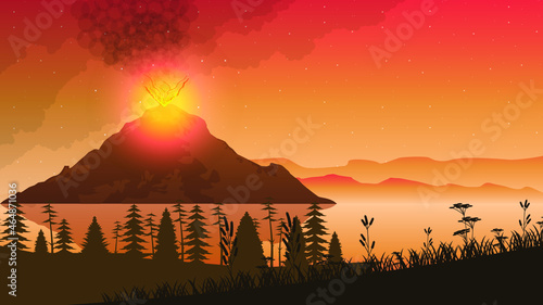 Abstract Background Sky Smoke Gradient Volcano Lava Fire Flame Eruption Nature Stars Plants Vector Design Style