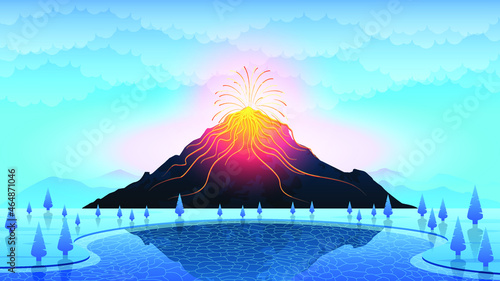 Abstract Background Sky Clouds Gradient Volcano Lava Fire Flame Eruption Nature Stars Water Trees Vector Design Style
