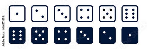 Dice game line icon set.  Pipped dices .Toss from one to six. Die for casino craps  table or board games  luck and random choice. Vector illustration  isolated 