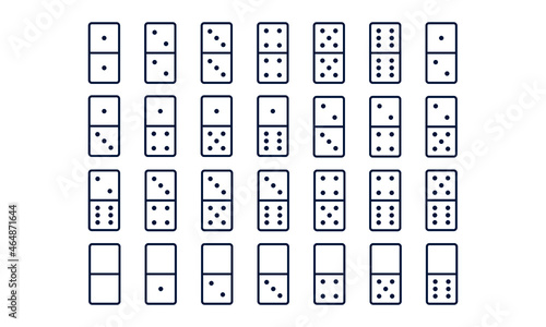 Domino of 28 tiles line icon set. White pieces with black dots. Vector illustration 