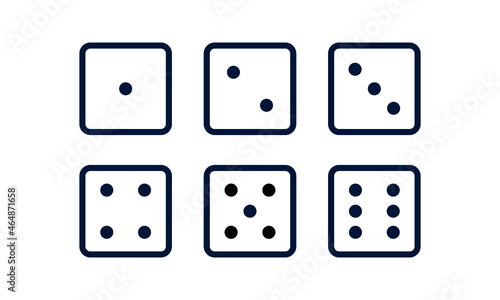Dice game line icon set.  Pipped dices .Toss from one to six. Die for casino craps, table or board games, luck and random choice. Vector illustration, isolated 