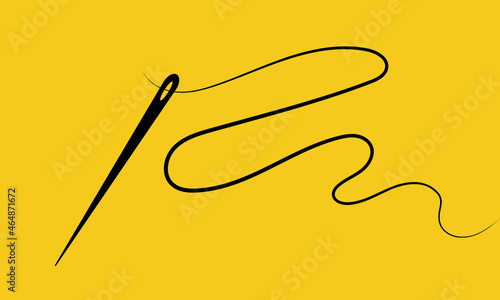 Tailor needle and curvy thread silhouette line icon. Fashion element, needlework instrument. Vector illustration on yellow background
