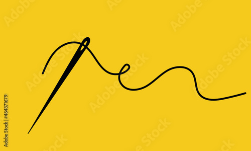 Tailor needle and curvy thread silhouette line icon. Fashion element, needlework instrument. Vector illustration on yellow background