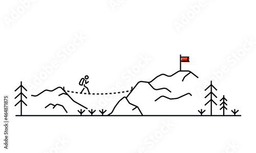Tourist have a challenge, hiking suspension bridge.  Adventure line art concept. Metaphor. Nordic Landscape. Vector illustration 