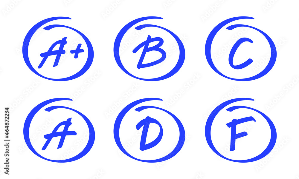 Grade mark hand drawn set icon. School test result of education. Blue signs on white background. Vector illustration Grade mark hand drawn set icon. School test result of education. Blue signs on white background. Vector illustration