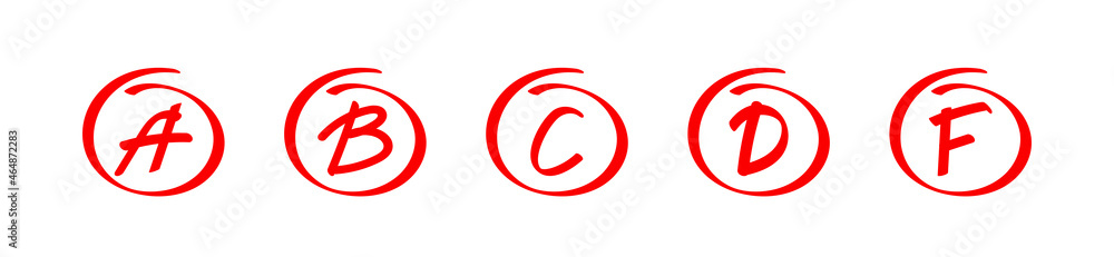 Grade mark hand drawn set icon. School test result of education. Red signs on white background. Vector illustration Grade mark hand drawn set icon. School test result of education. Red signs on white background. Vector illustration