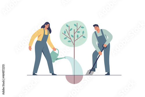 People plant and tend trees. Concept of collaboration and environment care. Save earth ecology. Vector illustration.