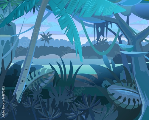 Jungle vector. Dense thickets. View from Tropical Dark night forest panorama. Southern Rural Scenery. Illustration in cartoon style flat design