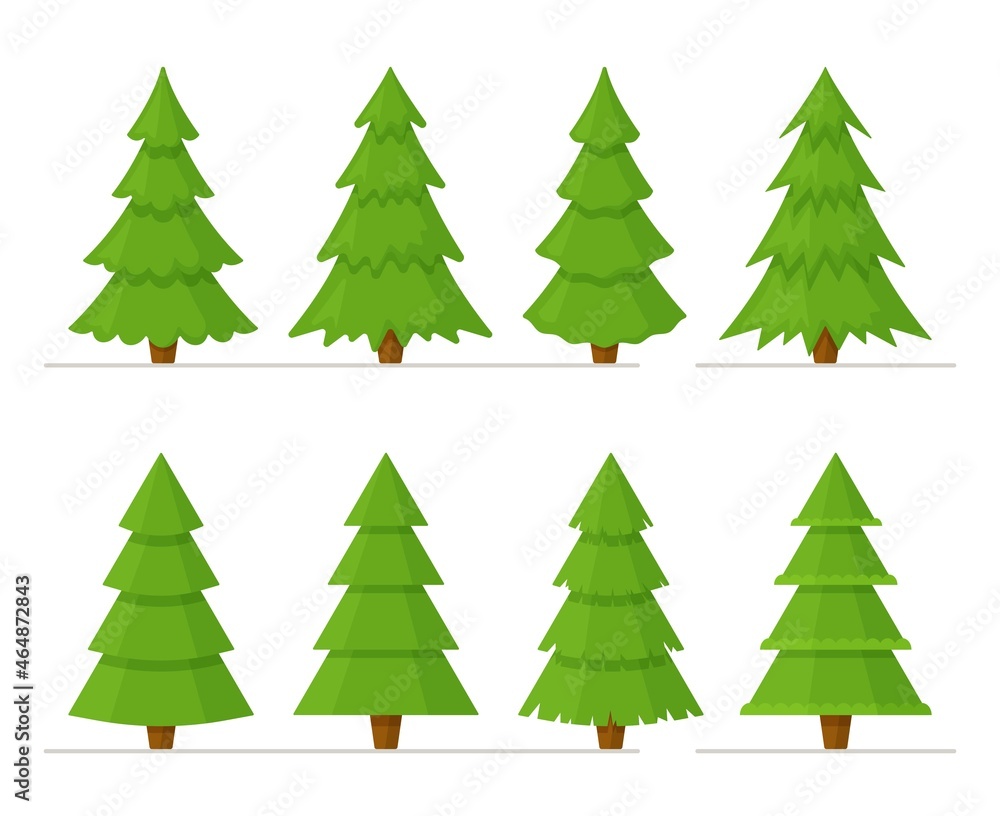 Vector illustration of a set of green Christmas trees isolated on a white background. Fresh green trees. Winter atmosphere.