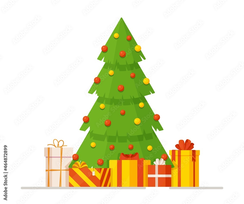 Vector illustration of a Christmas tree with red ornaments and gifts on top of it. Winter card or envelope. Vector illustration of a Christmas tree with red ornaments and gifts on top of it. Winter card or envelope.