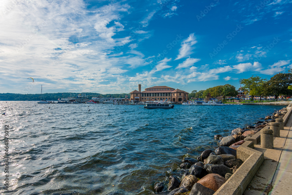Riviera shops and boat house view in Geneva Town of Wisconsin