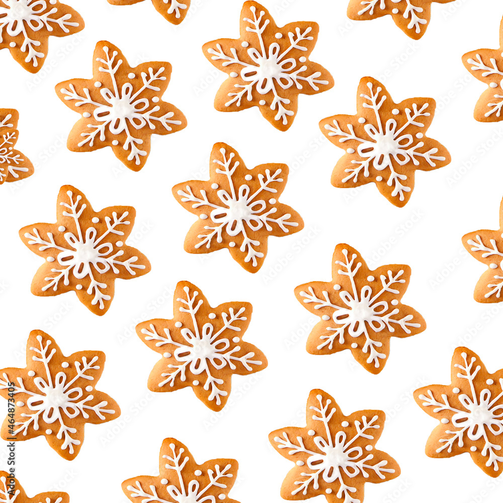 Christmas pattern with ginger cookies in the shape of snowflakes Christmas pattern with ginger cookies in the shape of snowflakes