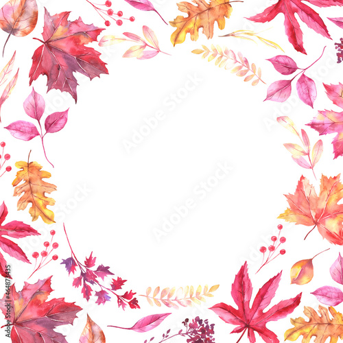Frame with hand painted watercolor autumn leaves. Cute design for templates  post wedding and fall decorations. . High quality illustration
