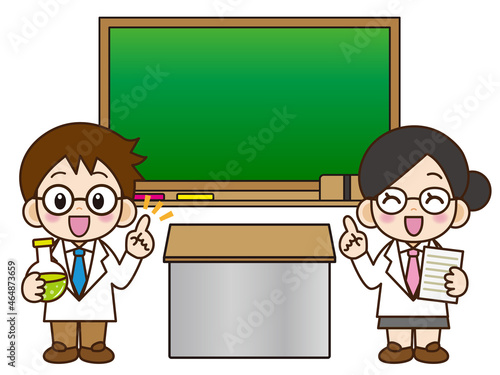 実験の説明をする科学者の少年少女