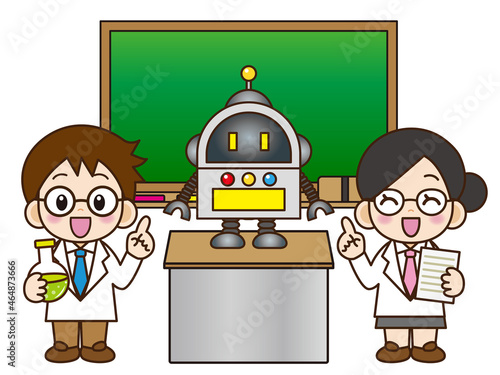 ロボット開発の説明をする科学者の男女