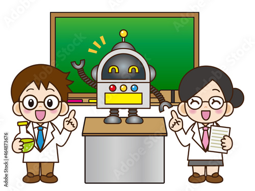 ロボットの説明をする科学者の男女