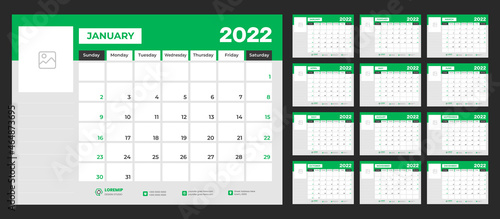 2022 calendar planner set for template corporate design week start on Sunday. 2022 planner calendar design set with green color.