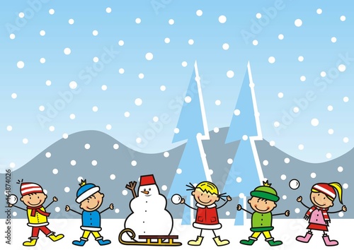 Happy kids in winter with snowman and sled, cute vector illustration