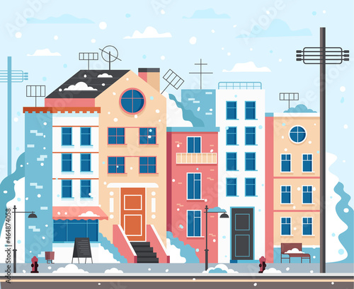 Winter city town outdoors snowflake concept. Vector flat graphic design illustration