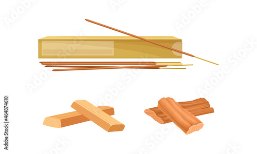 Sandalwood Fragrant Material and Incense Sticks Vector Set