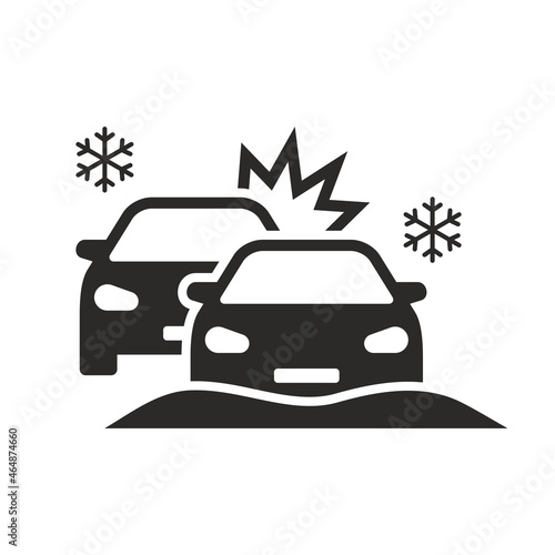 Car crash icon. Car accident on a snowy road. Car accident in winter. Vector icon isolated on white background.