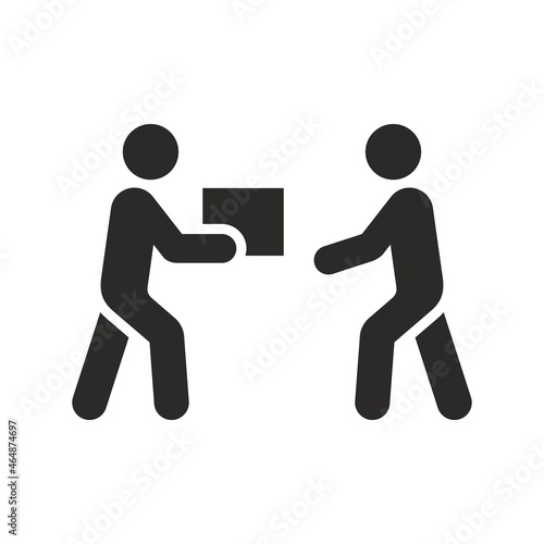 Delivery icon. Receiving parcel from delivery man. Cardboard box. Vector icon isolated on white background.