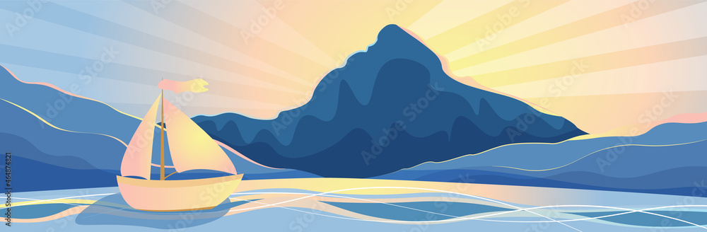 Evening landscape with mountains and boat - vector illustration, eps