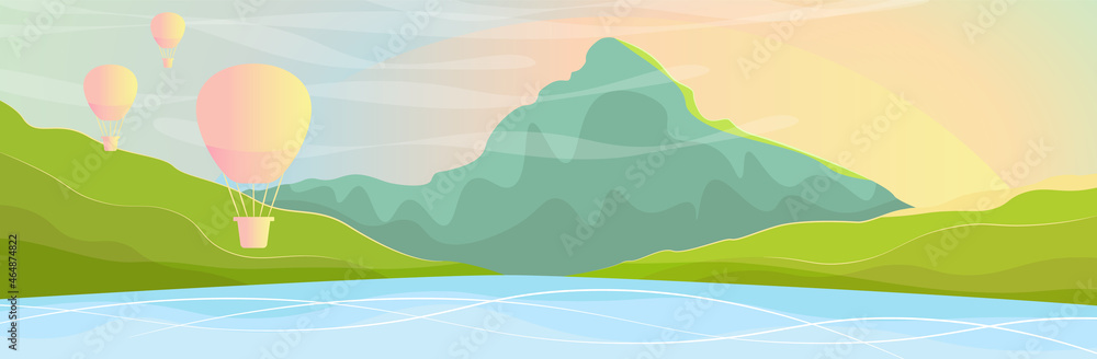 Morning seascape with mountains and balloons - vector illustration, eps
