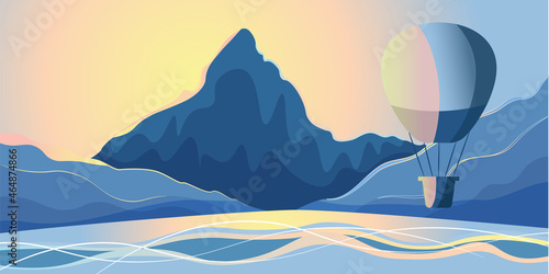 Morning seascape with mountains and balloon - vector illustration  eps