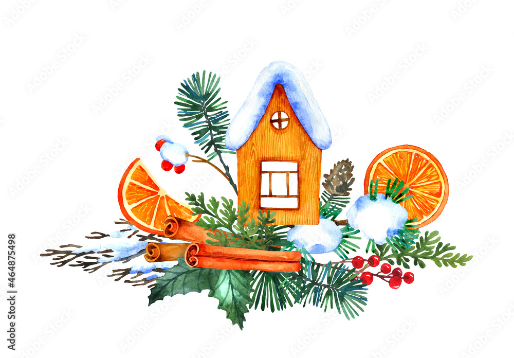 Watercolor Christmas composition  with wooden ornaments, berries, folliage, branches. Hand painted illustration isolated on white background. Cute wooden decoration - reindeer, angel, house, star