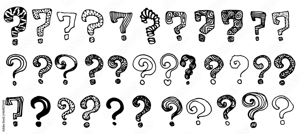 a set of question marks drawn. hand-drawn in doodle style collection of isolated question marks with different patterns and textures, black outline on bell for a design template a set of question marks drawn. hand-drawn in doodle style collection of isolated question marks with different patterns and textures, black outline on bell for a design template