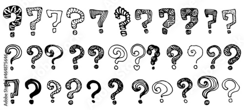 a set of question marks drawn. hand-drawn in doodle style collection of isolated question marks with different patterns and textures, black outline on bell for a design template