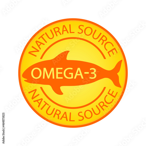 Omega-3 natural source stamp. Logo or label. Fish icon. Healthy fat. Vitamins. Fish oil