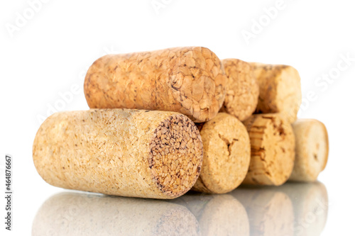 Several wine corks, close-up, isolated on white.